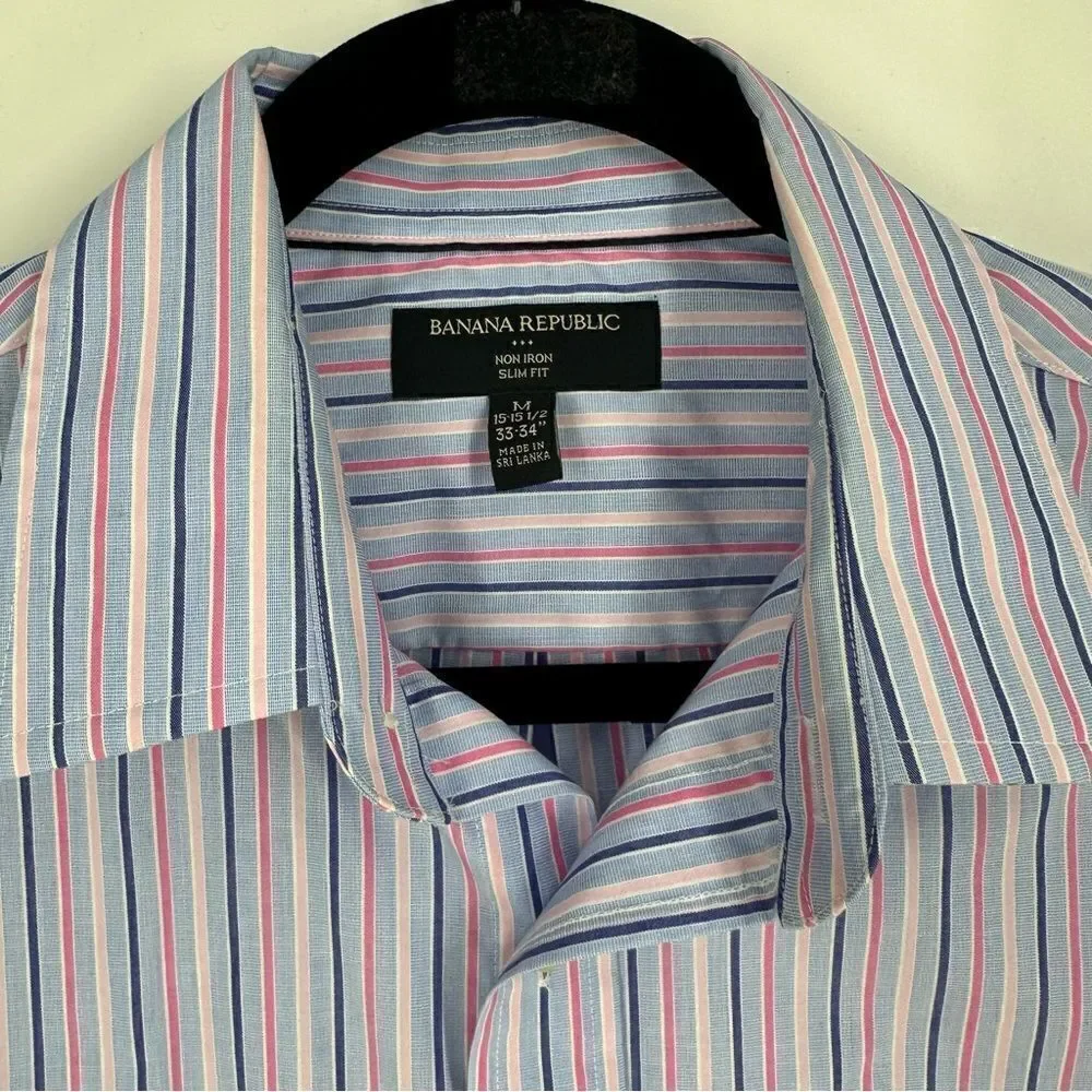 BANANA REPUBLIC Non Iron Slim Fit Blue Pink Striped Long-sleeve Button Down Sz M